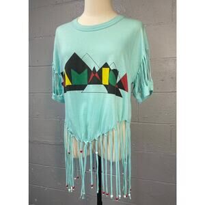 Vtg 80s Asymmetric Beaded Fringe Razor Cut Single Stitch Tee amaica Souvenir